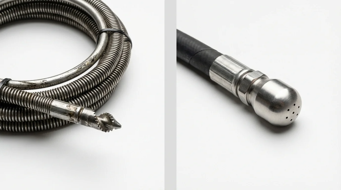 Drain snake cable and hydro jetting nozzle used for drain cleaning in La Habra, CA