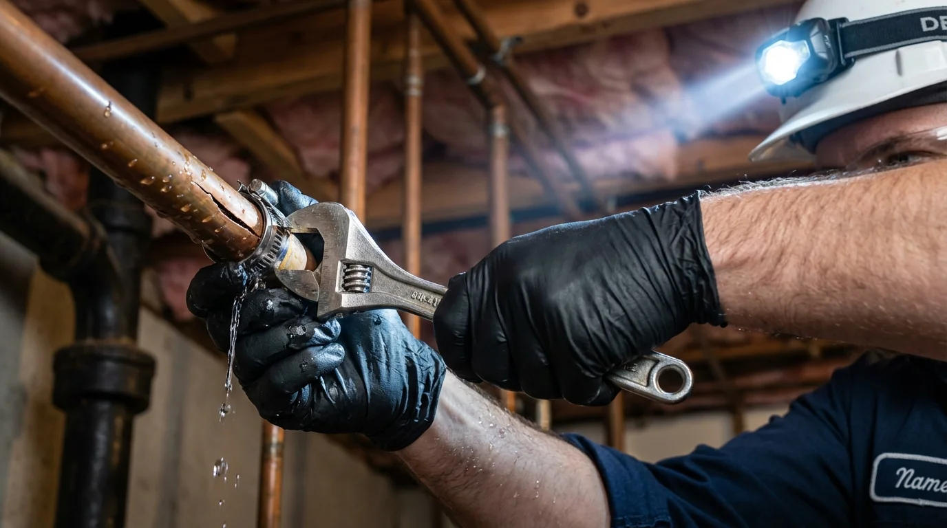 Emergency pipe clamp repair being performed by a Johns Plumbing LLC plumber in La Habra