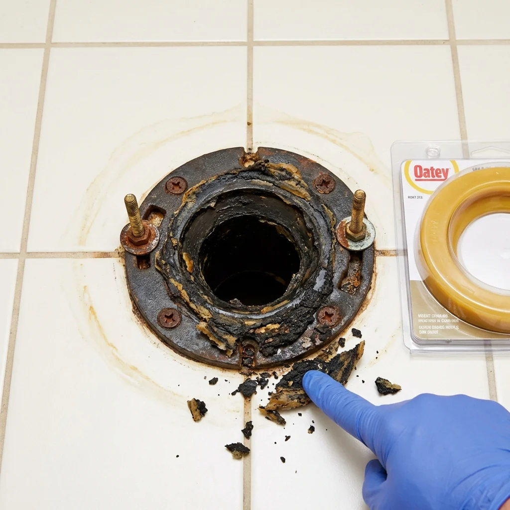 Failed wax ring showing water seepage at the base of a toilet in a La Habra, CA home