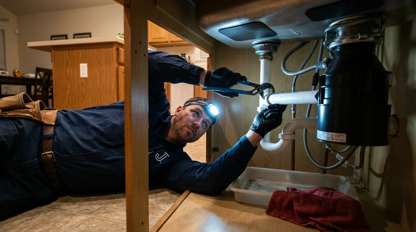 P-trap and supply line connections under a kitchen sink showing a common leak point in La Habra, CA
